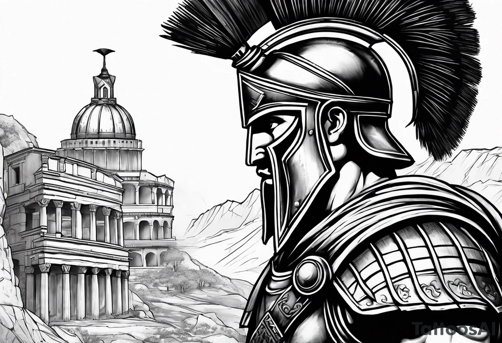 Side profile Spartan Solider ancient roman city in the background tattoo idea