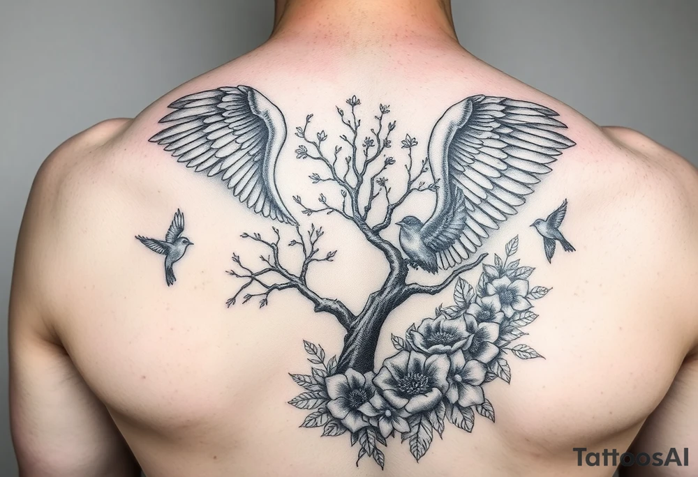 Angelic scene with tree, birds and flowers tattoo idea