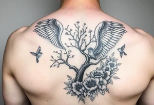 Angelic scene with tree, birds and flowers tattoo idea