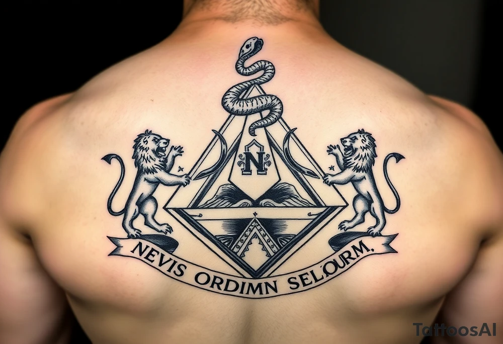 Pyramid from dollar, diamond with snake on the top,lions on corners,surrounded by words - novus ordum seclorum tattoo idea