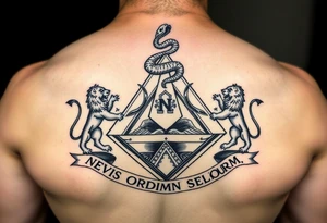 Pyramid from dollar, diamond with snake on the top,lions on corners,surrounded by words - novus ordum seclorum tattoo idea