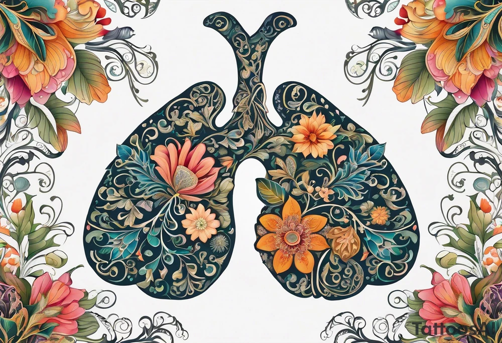 intricate and artistic arrangement of flowers and ornamental patterns that come together to form the shape of human lungs. The design should have a balance of delicacy and detail, with vibrant floral elements seamlessly intertwining to mimic the structure of the lungs, including the bronchi branching into floral motifs. Incorporate subtle shading and depth to give the tattoo a dynamic and organic feel, while maintaining elegance and symmetry, embraced by an octopus and butterflies flying around tattoo idea