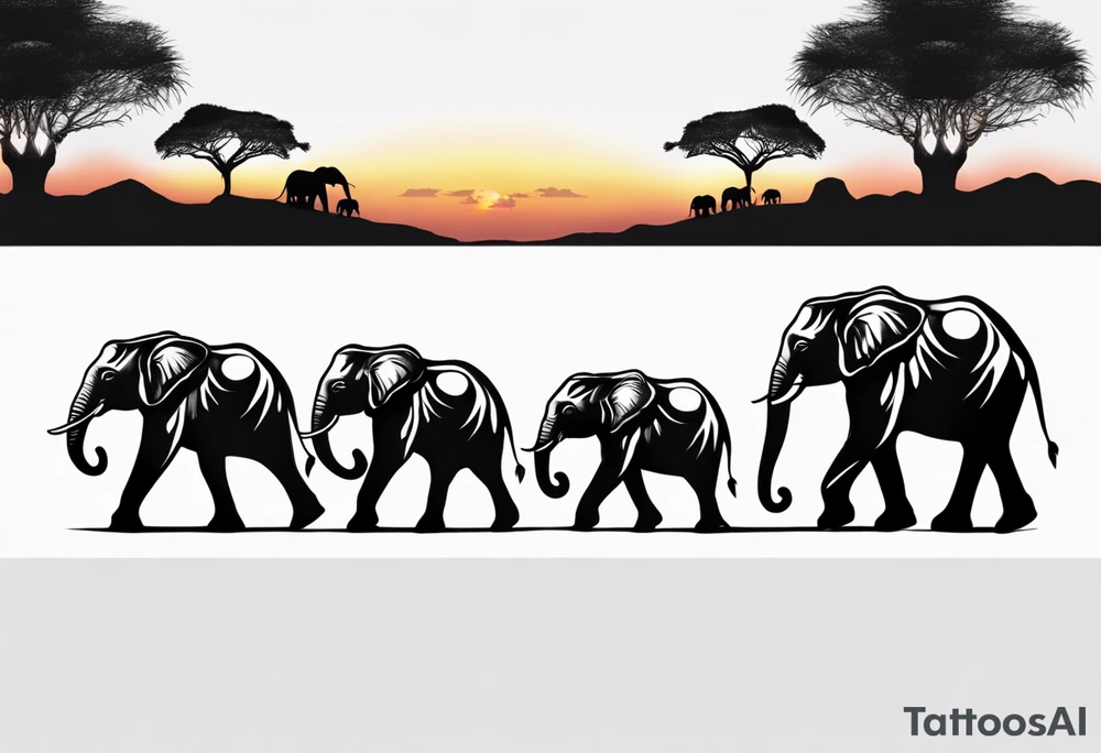 family of 6 elephants walking into sunset tattoo idea