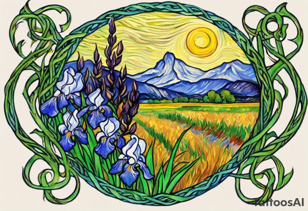 Create a colorful Vincent van Gogh's Irises tattoo, with vines in Celtic knots gracefully holding mountains in a wreath. The intended placement is on the upper chest. The overall design should be small in size while maintaining a delicate and artistic aesthetic. Pay attention to the graceful flow of the vines and the placement of the irises to achieve a refined and elegant look. tattoo idea