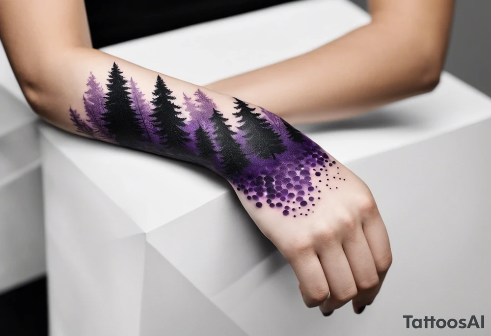 forest, abstract, on hand, no people, purple and black, full, whole wrist wrapped tattoo idea