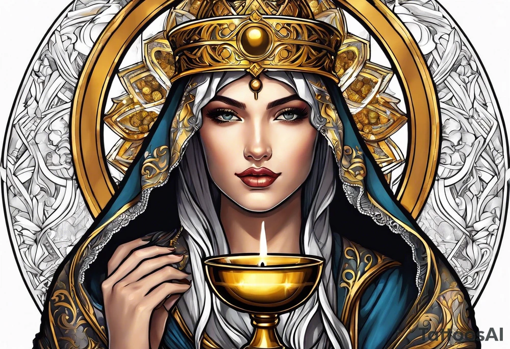 woman saint holding chalice surrounded by golden halo tattoo idea
