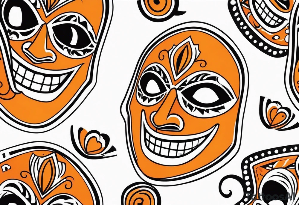 Laughing Mexican mask that is orange and black simplistic tattoo idea