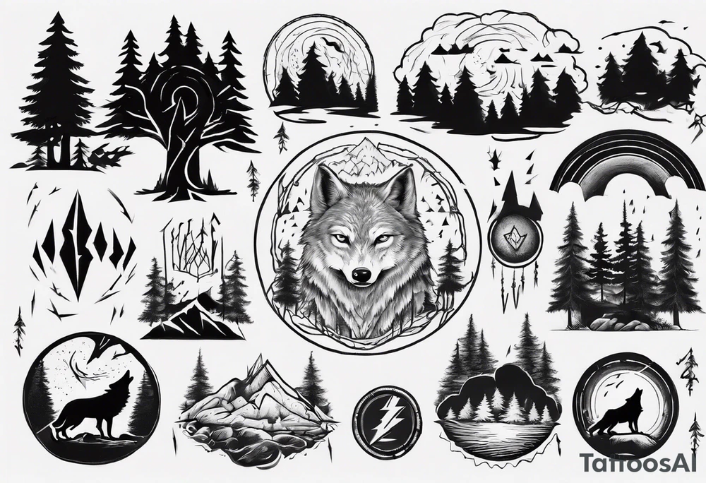 a thunder and lightning storm over a forest with a distant wolf howling and a drum circle tattoo idea a thunder and lightning storm over a forest with a distant wolf howling and a drum circle tattoo idea