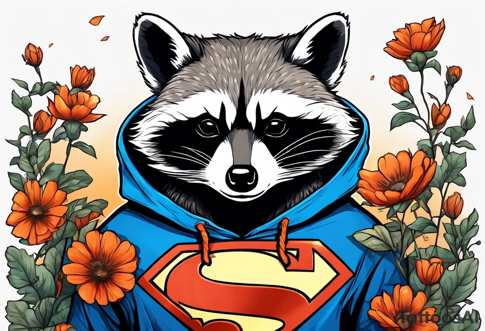 raccoon wearing a Superman hoodie with orange flowers tattoo idea