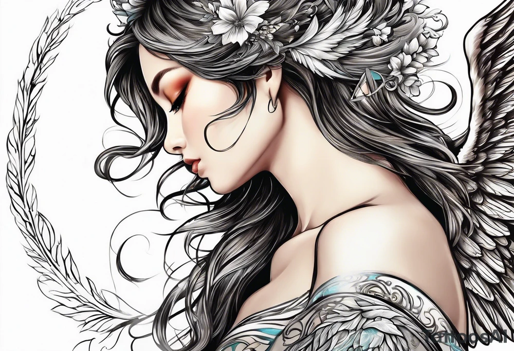 girl angel side profile, with wings, with floating halo,
 whispering tattoo idea