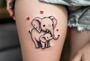 A mother elephant in grey ink walking trunk-to-tail with her baby, with pink hearts floating above, shows gentle guidance and love. tattoo idea