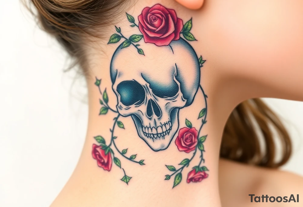 gothic skull intertwined with climbing roses and thorny vines tattoo idea