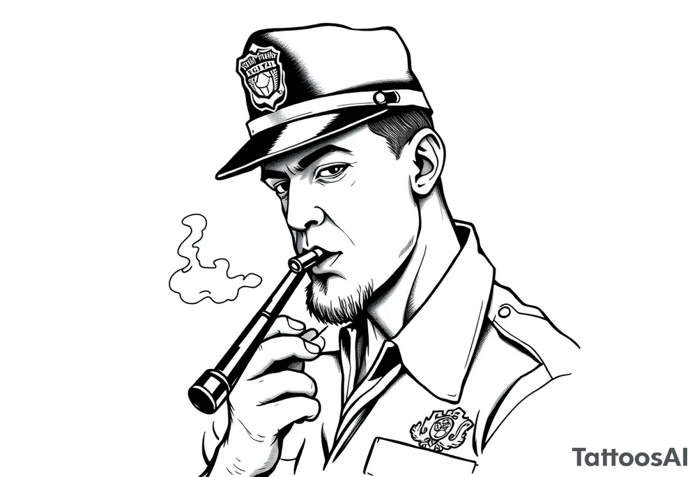 Simple American traditional style police officer smoking meth out of pipe tattoo idea