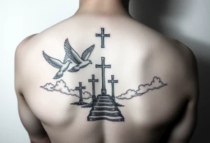 I want a tattoo on my lower arm, I want doves and three crosses at the bottom and I want stairs and clouds with a bible scripture tattoo idea