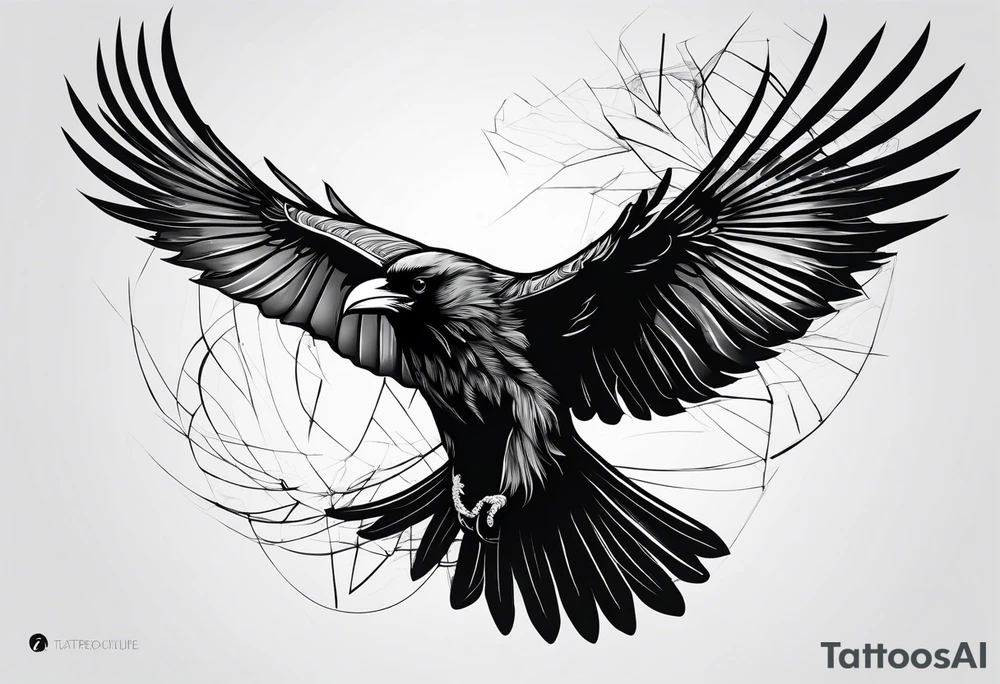 outline with straight lines of a flying raven, without grafik inside tattoo idea