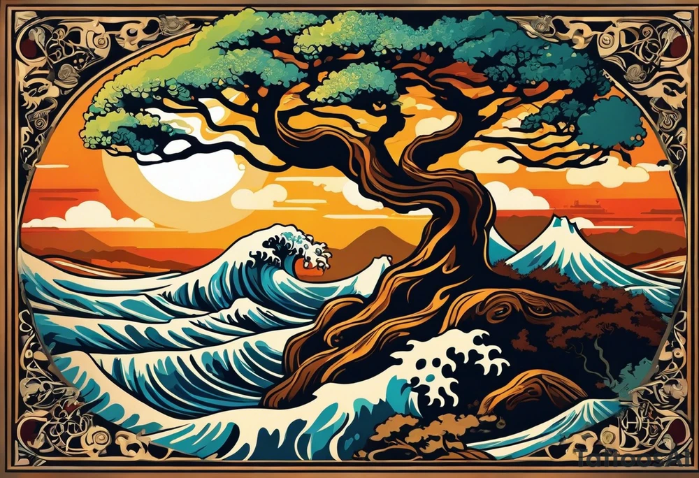 an abstract Tree of Life tattoo. It should have roots growing out of the bottom. The roots slowly turn into water from the Great Wave by Hokusai. A golf flag should be placed discreetly growing out of the ground. 2 license plate tags should be hanging from the tree. Place a few music notes in the areas the leaves should be. The letters A U should be engraving into the tree trunk in a heart. Black and white only. tattoo idea