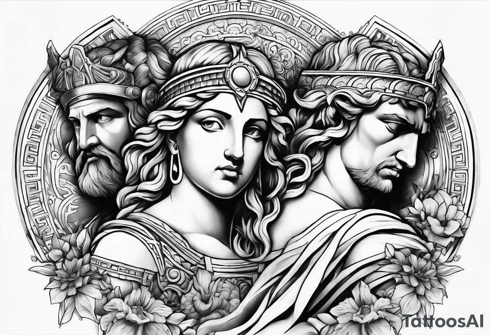 religious theme with some greek gods shoulder piece tattoo idea