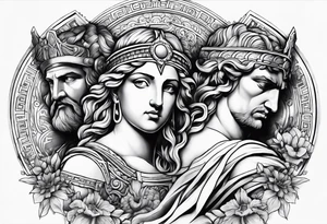 religious theme with some greek gods shoulder piece tattoo idea