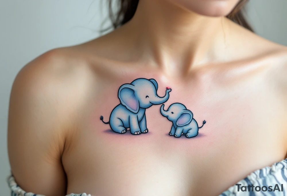 Mama elephant and baby elephant in pastel blue, trunks forming a heart, drawn with thick black outlines. tattoo idea