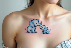 Mama elephant and baby elephant in pastel blue, trunks forming a heart, drawn with thick black outlines. tattoo idea