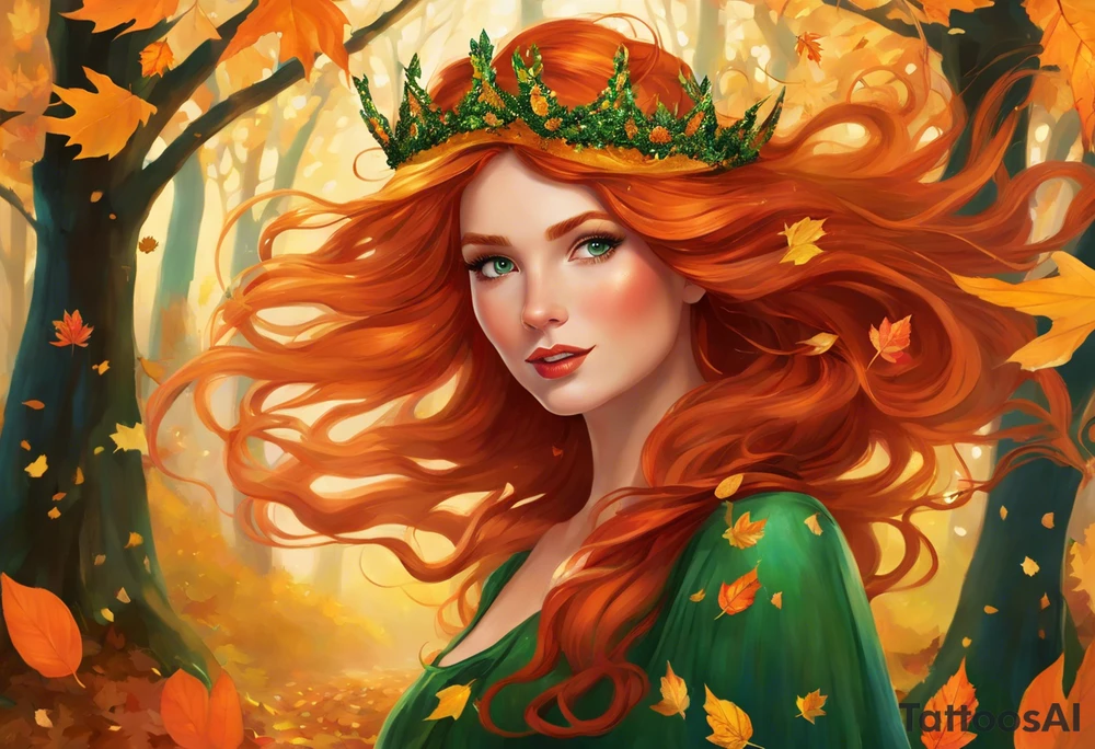 A auburn haired fairy in the middle of a forest during the peak of autumn, twirling in a whirlwind of autumn leaves. The fairy's hair is auburn with copper colors and a crown of gold, orange, and red leaves adorning her head. Her eyes are emerald green with gold flecks, ruby lips and pale skin. Her dress a coppery orange, with leaves scattered on it. The fairly is swirling in a pile of leaves with arms raised high tattoo idea