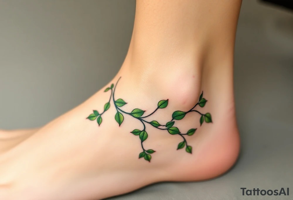 please create an ankle tattoo that is dainty.  There should be vining green leaves that wrap around the entirety of the ankle like an anklet tattoo idea