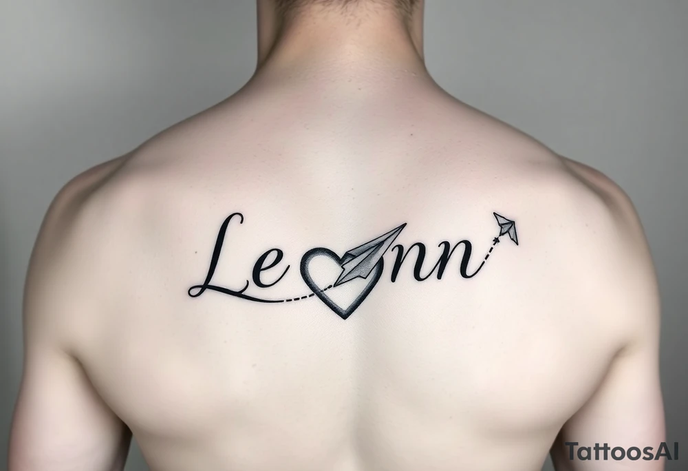 The name Leann going down my ribs with a heart and paper plane tattoo idea