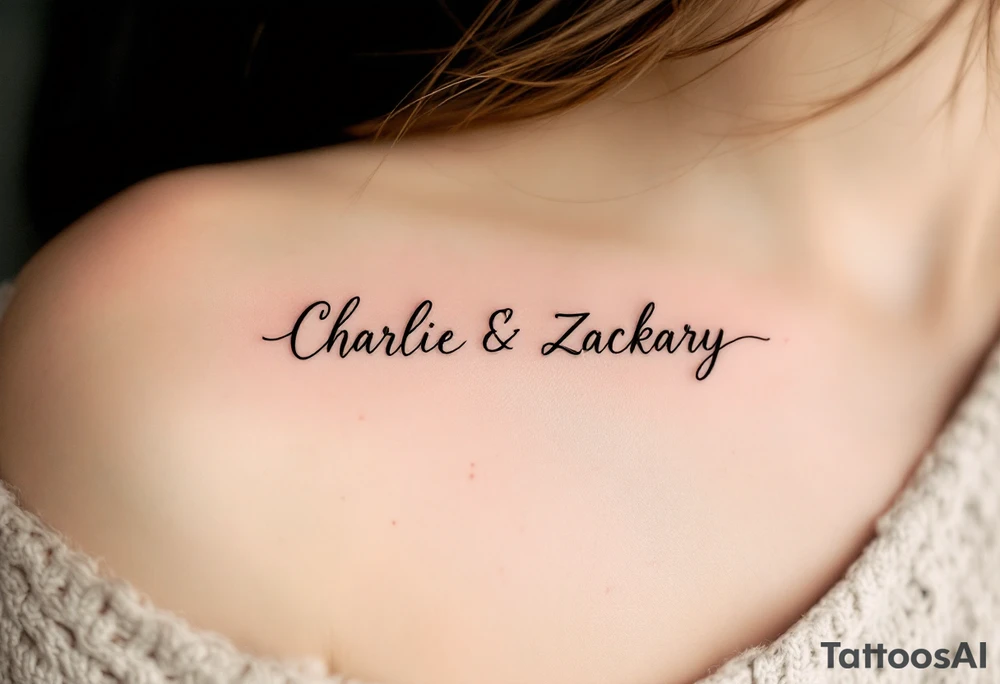 Create a small, elegant tattoo design that incorporates the names "Charlie" and "Zackary" in delicate, flowing cursive. Enclose the names inside a larger, refined symbol to represent unity and protection. Integrate gentle accents tattoo idea
