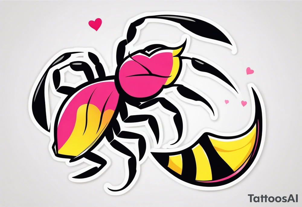 Side view of Scorpion with tail curving overhead drawn in Powerpuff girl style with body segments, head and claws made of hearts tattoo idea