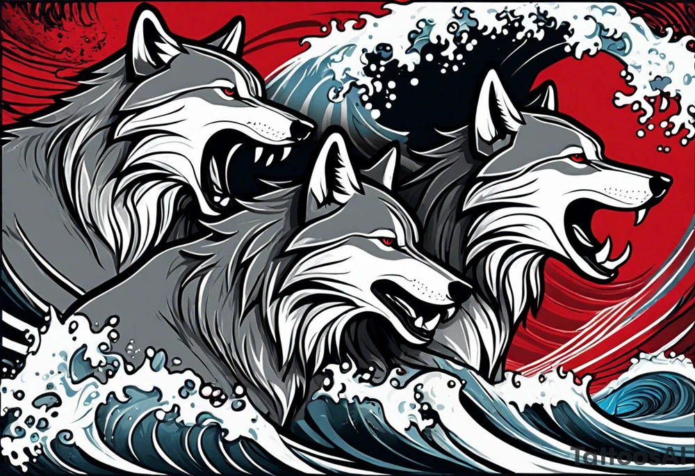 a pack of 3 howling muscular  gray wolves surfing waves with a linear background with red, white and black and gray including the word Howler in an aggressive script font tattoo idea