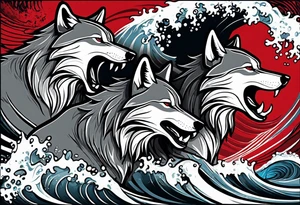 a pack of 3 howling muscular  gray wolves surfing waves with a linear background with red, white and black and gray including the word Howler in an aggressive script font tattoo idea