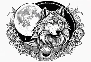 wolf with a dragon above the wolf and lightning and the moon in the background tattoo idea