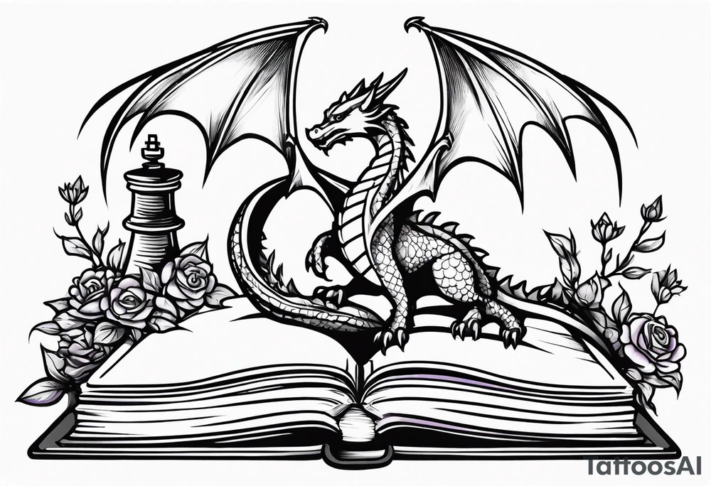 an open book. a small flying dragon. One pawn chess piece. a cluster of ‘lavender flowers’ under book tattoo idea