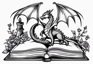 an open book. a small flying dragon. One pawn chess piece. a cluster of ‘lavender flowers’ under book tattoo idea