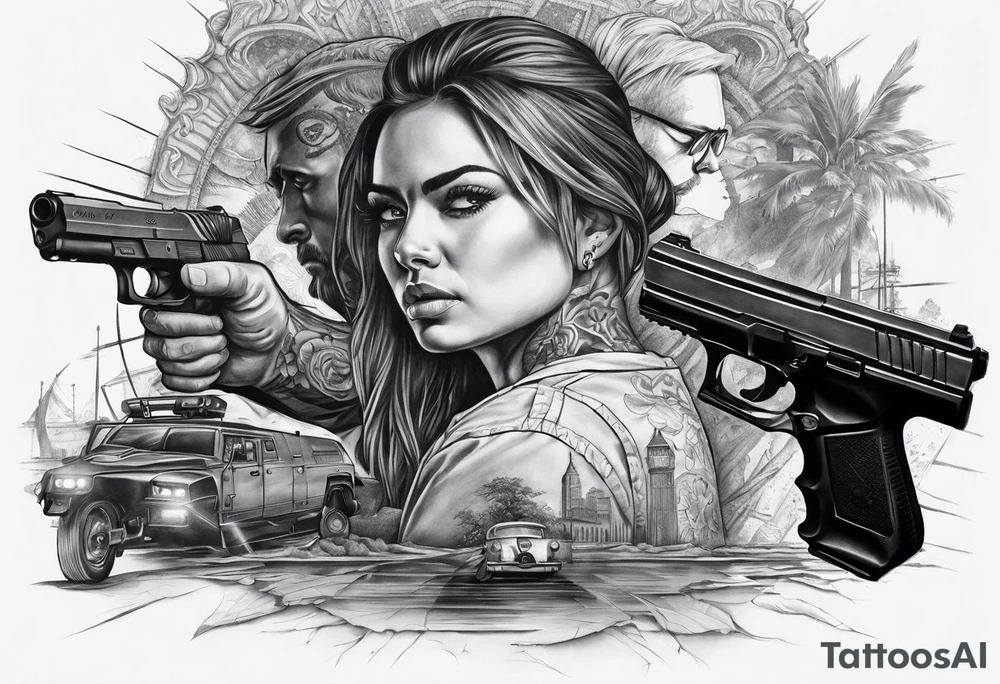In the reflection of a eye two people holding guns one man dead on the ground with a wounded woman standing behind him tattoo idea