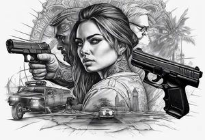 In the reflection of a eye two people holding guns one man dead on the ground with a wounded woman standing behind him tattoo idea