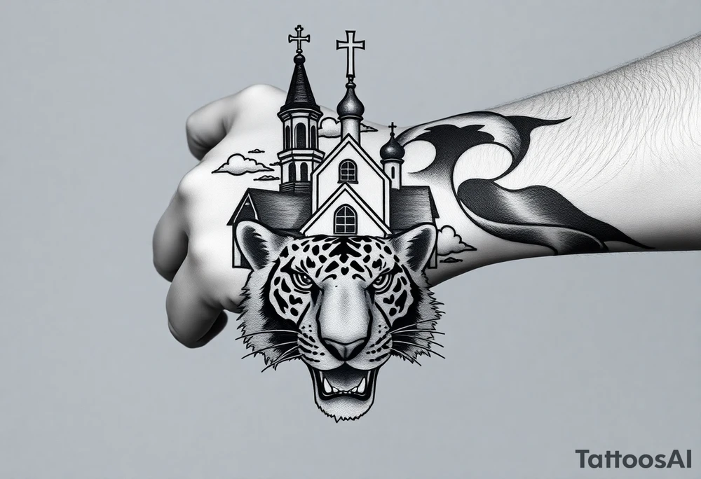 Non cartoon looking tiger on the hand with barb wire at the bottom and then above the tiger do a traditional Russian Orthodox Church with the orthodox traditional cross as the spire in non cartoon looking clouds then Virgin Mary above overlooking with hands together on heart tattoo idea