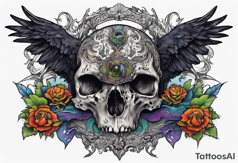 Raven overlooking a ornate cow skull and a decaying snapping turtle tattoo idea