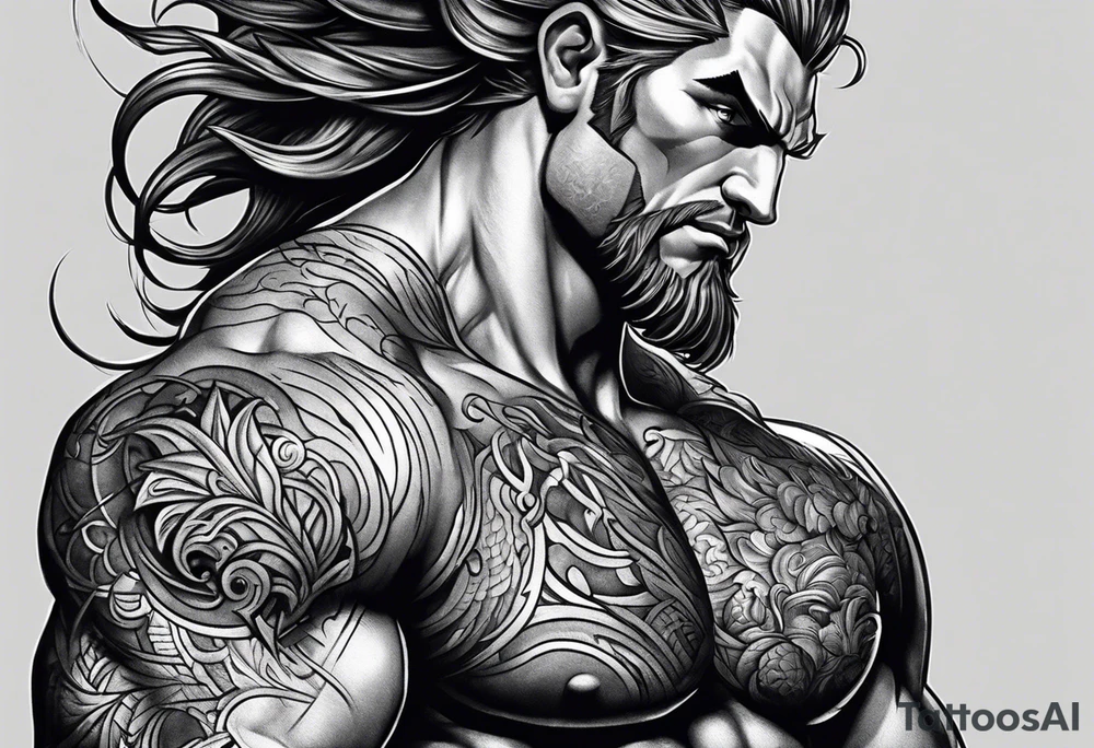 full body strong mythical giant turned to the side about to punch something stipple shading tattoo idea