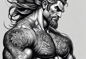 full body strong mythical giant turned to the side about to punch something stipple shading tattoo idea