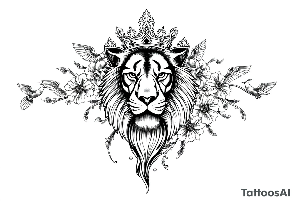 powerful majestic lion with a crown, surrounded by floral ornaments and birds tattoo idea