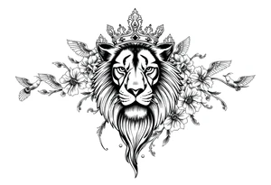 powerful majestic lion with a crown, surrounded by floral ornaments and birds tattoo idea