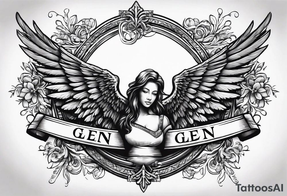 The word Glenn on a banner with angel Wings tattoo idea