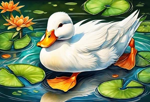 A white Duck with orange feet and a green toad playing together in a pond tattoo idea