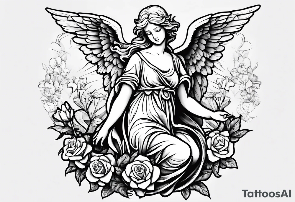 Simple Angel statue stood on a rock with daffodils and roses wrapped around its legs tattoo idea