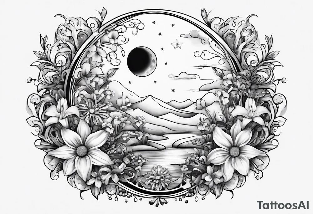 moon with daisy's, lily’s, crystals, and mushrooms tattoo idea moon with daisy's, lily’s, crystals, and mushrooms tattoo idea