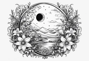 moon with daisy's, lily’s, crystals, and mushrooms tattoo idea