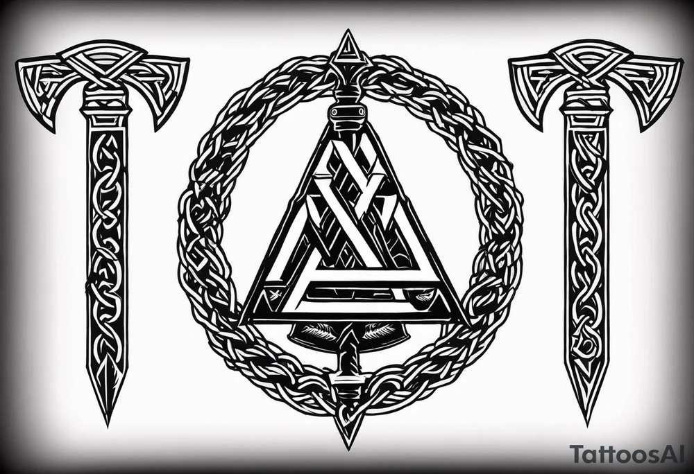 Valhalla sword shield axe barbed wire chains valknut tattoo idea
