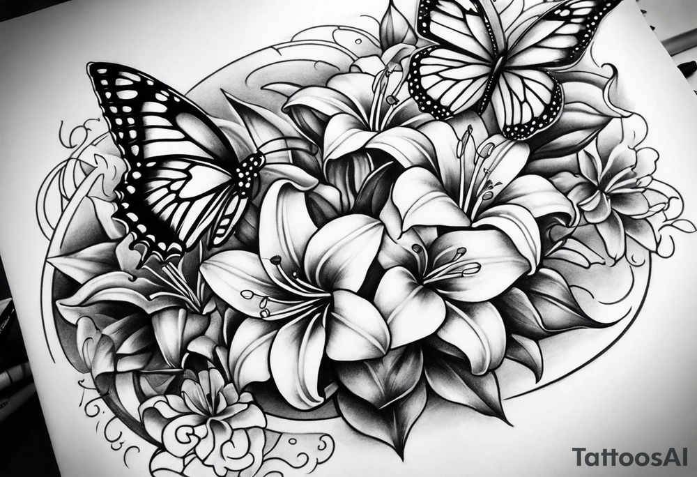 Harvey Ruby lillies flowers butterflies stars fantasy books forearm half sleeve tattoo idea