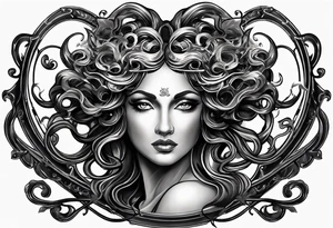 Medusa head with a mysterious expression, capturing both her allure and danger. Blend dream-like qualities with the striking figure of Medusa. tattoo idea